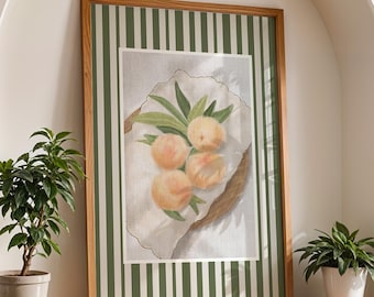 Peinture à l'huile pêche avec rayures vertes | Art mural italien d'été | Esthétique Nancy Meyers | Impression artistique côtière vintage
