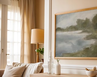 Impression sur toile abstraite sur le lac | Vert gris bleu marron oeuvres d'art | Peinture de paysage contemporaine neutre | Grande oeuvre d'art murale horizontale surdimensionnée