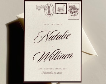 Modèle de toile « Réservez la date » | postale esthétique de vieil argent | Mariage numérique imprimable | Design de tampon Doodle moderne | Style vintage