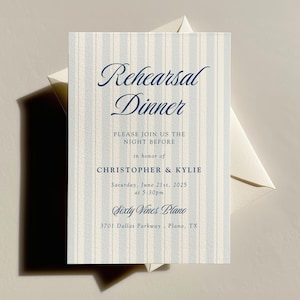 Gestreifte Einladung zum Abendessen | Blaue Leinwand Vorlage | Noble Elegante Hochzeit einladen | Druckbare Digitaler Download | Personalisierbar