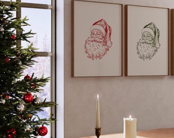 Ensemble d'oeuvres d'art de Noël Père Noël | Impressions vintage rouges et vertes pour une décoration murale classique des Fêtes | Dessin au trait de Noël simple