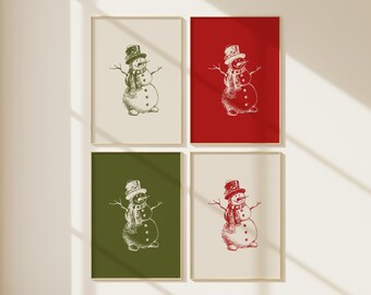 Ensemble de quatre impressions de bonhomme de neige | Art de Noël rouge et vert vintage pour la décoration des Fêtes et de l'hiver | Décoration murale de Noël rétro traditionnelle