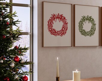 Lot de deux impressions de couronnes de Noël | dessin au trait rouge et vert vintage | Couronne coquette avec ornements et noeud | Téléchargement numérique des Fêtes