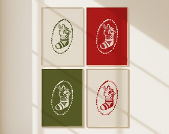 Ensemble d'impressions artistiques pour bas de Noël | Art mural classique vintage des Fêtes | Impressions d'art rouges et vertes pour une décoration traditionnelle des fêtes