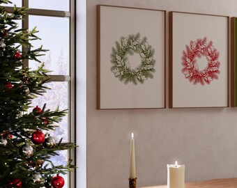 Couronne naturelle des Fêtes, lot de deux | Impressions d'art vintage rouge et vert de guirlande de Noël | Décoration murale de Noël neutre