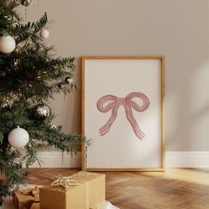 Red Stripe Watercolor Bow Art Print | Vintage Christmas Wall Decor for Holiday Hosting & Coquette Style | Striped Wall Art