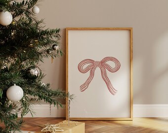 Impression d'art noeud aquarelle rayé rouge | décoration murale de Noël vintage pour votre hôte des Fêtes et style coquette | Décoration murale à rayures