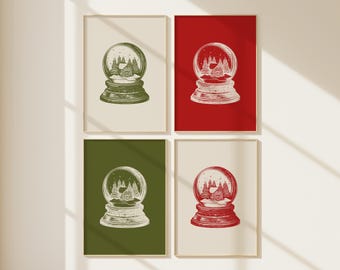 ensemble d'impressions d'art vintage boule à neige | Décoration de Noël traditionnelle rouge et verte pour les fêtes de fin d'année