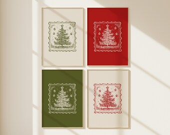ensemble d'oeuvres d'art vintage pour sapin de Noël | Ensemble de quatre impressions des Fêtes classiques | Art mural traditionnel de Noël | Timbre vintage rétro