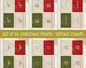 Set d'art mural de timbres de Noël | Lot de décorations de Noël vintage | Téléchargements numériques | Renne, canne en bonbon, boule à neige, gui et expressions