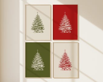 Christmas Tree Art Prints Set of 4 | Vintage Red & Green Holiday Decor | Classic Christmas Wall Art Digital Download