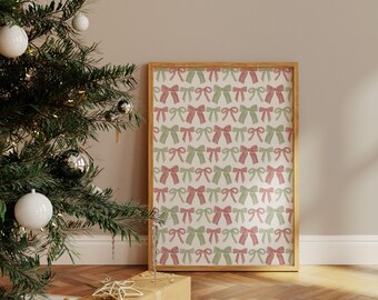 Impression d'art motif noeud de Noël | Décoration murale numérique festive à l'aquarelle pour coquette et style vintage des Fêtes | Art mural rouge et vert
