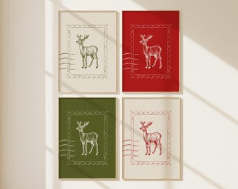 Lot de quatre timbres vintage des Fêtes avec un renne | Impressions de Noël rouges et vertes pour décoration murale classique des Fêtes | Impressions à téléchargement numérique
