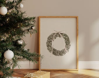 Couronne de Noël aquarelle neutre impression d'art | Décoration de Noël en téléchargement numérique | Décoration murale esthétique de Noël