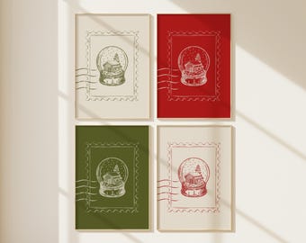 Ensemble d'estampes boule à neige | Impressions murales vintage confortables des Fêtes |  | Art de Noël festif | Décoration d'intérieur rustique d'hiver