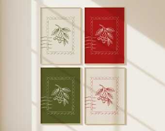 Lot de 4 tampons artistiques vintage gui | Décoration des Fêtes imprimable | Art de Noël classique rouge et vert | Décoration murale de Noël rétro