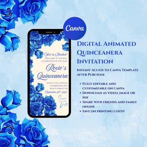 Royal Blaue Quinceaño-Videoeinladung: Animierte Canva-Vorlage (Digitaler Download)