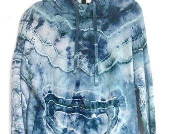 Sudadera con capucha de búfalo teñida a mano en azul y verde, talla mediana, unisex