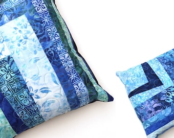 Batik Fabric Quilted Throw Pillow Cover with Blue Patchwork for 14 Inch Pillows, COVER ONLY