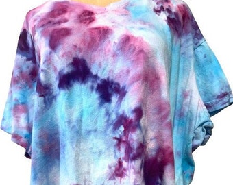 Hand Dyed Women's 3X T-Shirt with Abstract Purple and Blue Pattern Cotton Fabric