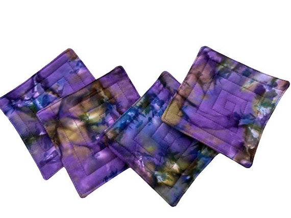 Quilted Coasters in Hand Dyed Purple Batik Fabric, Set of Four