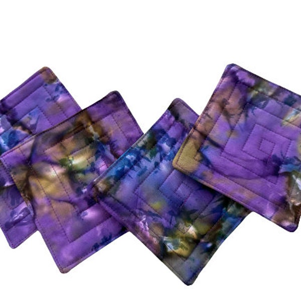 Quilted Coasters in Hand Dyed Purple Batik Fabric, Set of Four