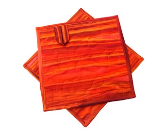 Batik Quilted Fabric Pot Holders in Shades of Red and Orange, with Hanging Tab Option