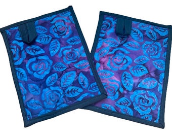 Quilted Batik Fabric Pot Holders in Blue Floral Pattern, with Hanging Tab Option