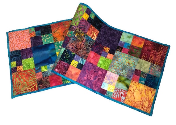 Quilted Batik Fabric Patchwork Table Runner or Wall Hanging with Colorful, Tropical Patterns