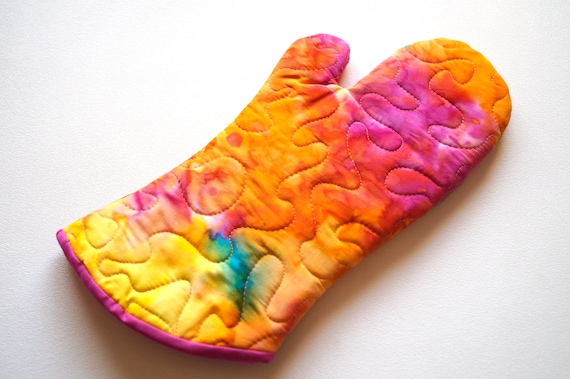 Quilted Oven Mitt in Colorful Batik Fabric, Vibrant Jewel Tone Cloth Kitchen Linen with Hanging Tab Option