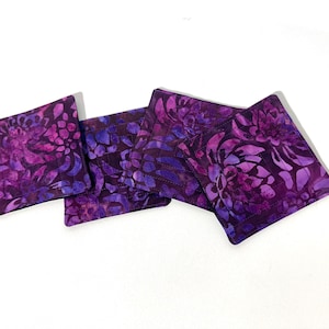 Quilted Fabric Coasters with Purple Floral Batik Fabric, Set of Four