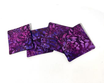 Quilted Fabric Coasters with Purple Floral Batik Fabric, Set of Four