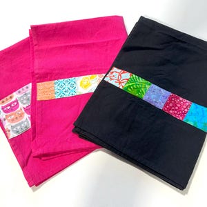 Tea Towels with Colorful Patchwork Fabric Accent Strip, Modern Kitchen Linens