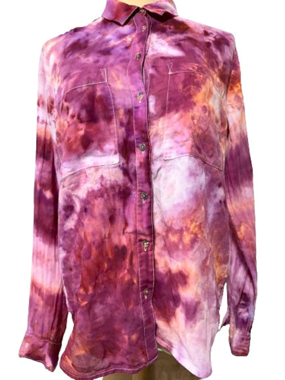 Hand Dyed Women's Cotton Shirt in Shades of Purple, Orange and Pink, Size 8