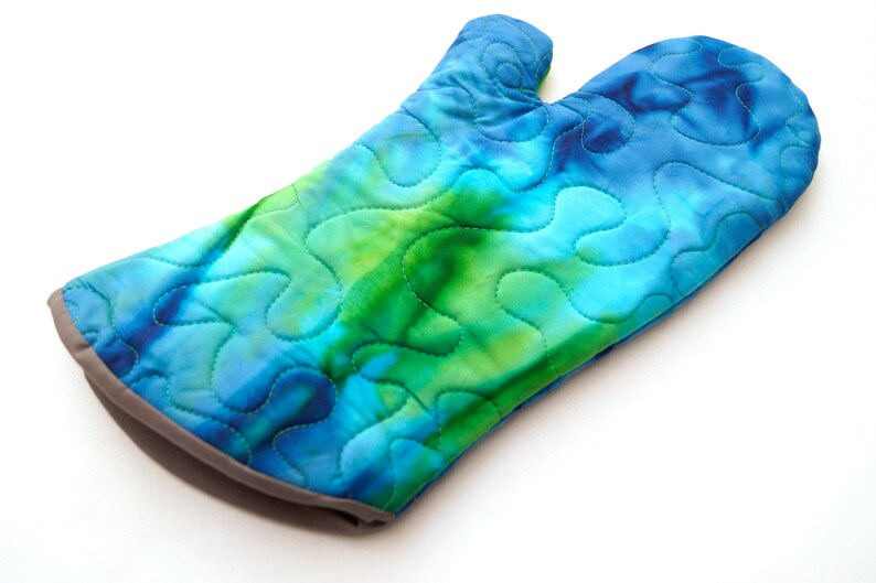 Quilted Batik Fabric Oven Mitt in Shades of Blue and Green Vibrant Jewel Tone Cloth Kitchen Linen