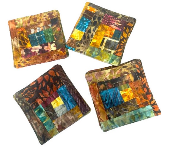 Quilted Fabric Coasters with Earth Tone Patchwork, Sets of Four