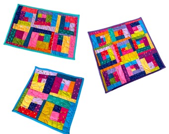 Batik Fabric Mini Quilt with Colorful Patchwork, Table Topper or Wall Hanging