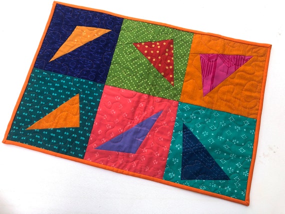 Vibrant Quilted Table Runner with Colorful, Modern Batik Fabric Patchwork