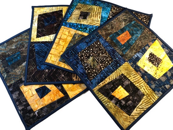 Quilted Patchwork Place Mat, Wall Hanging or Table Topper in Fall Color Batik Fabrics