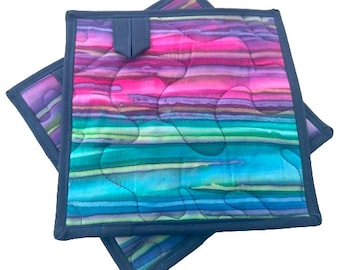 Quilted Batik Fabric Pot Holders in Purple and Blue, with Hanging Tab Option