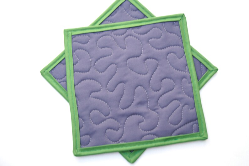 Set of Two Floral Pot Holders in Purple and Teal Quilted Fabric