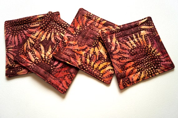 Quilted Batik Fabric Coasters with Sunflower Pattern, Absorbent Cloth Drink Ware, Set of Four