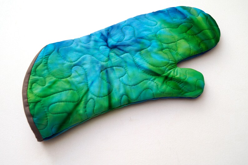 Quilted Batik Fabric Oven Mitt in Shades of Blue and Green Vibrant Jewel Tone Cloth Kitchen Linen