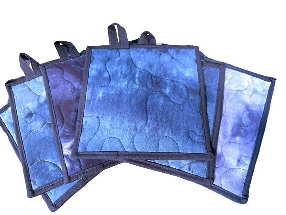 Quilted Fabric Pot Holders with Indigo Blue Ice Dyed Print, Set of Two