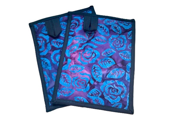 Quilted Batik Fabric Pot Holders with Blue Floral Pattern, with Hanging Tab and Size Options