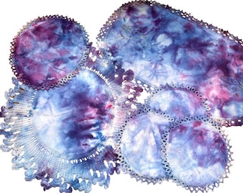 Purple Vintage Ice Dyed Linens, Hand Dyed Doilies