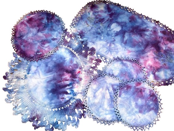 Purple Vintage Ice Dyed Linens, Hand Dyed Doilies