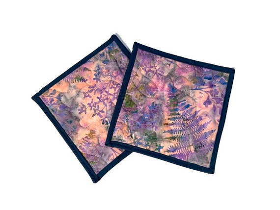 Batik Quilted Fabric Pot Holders with Pink and Purple Floral Print