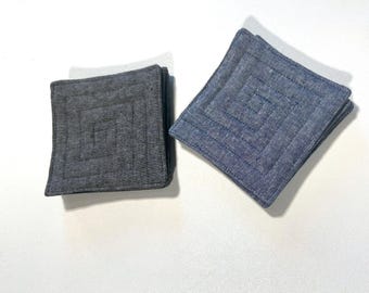 Linen Fabric Quilted Coasters, Set of Four, in Denim Blue or Charcoal Gray