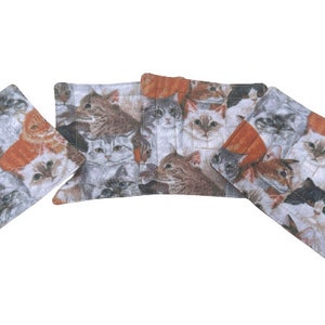 May include: Set of five gray and white fabric coasters with a colorful cat print. The coasters feature a variety of cat breeds with different fur patterns and colors.